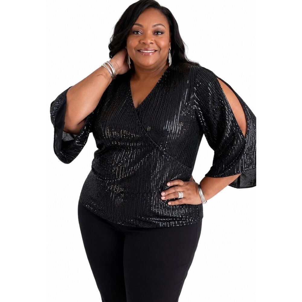 GRACE KARIN 1X2X Black Sequin Blouse Glitter V Neck Split Sleeve Dressy Party To - Picture 3 of 4